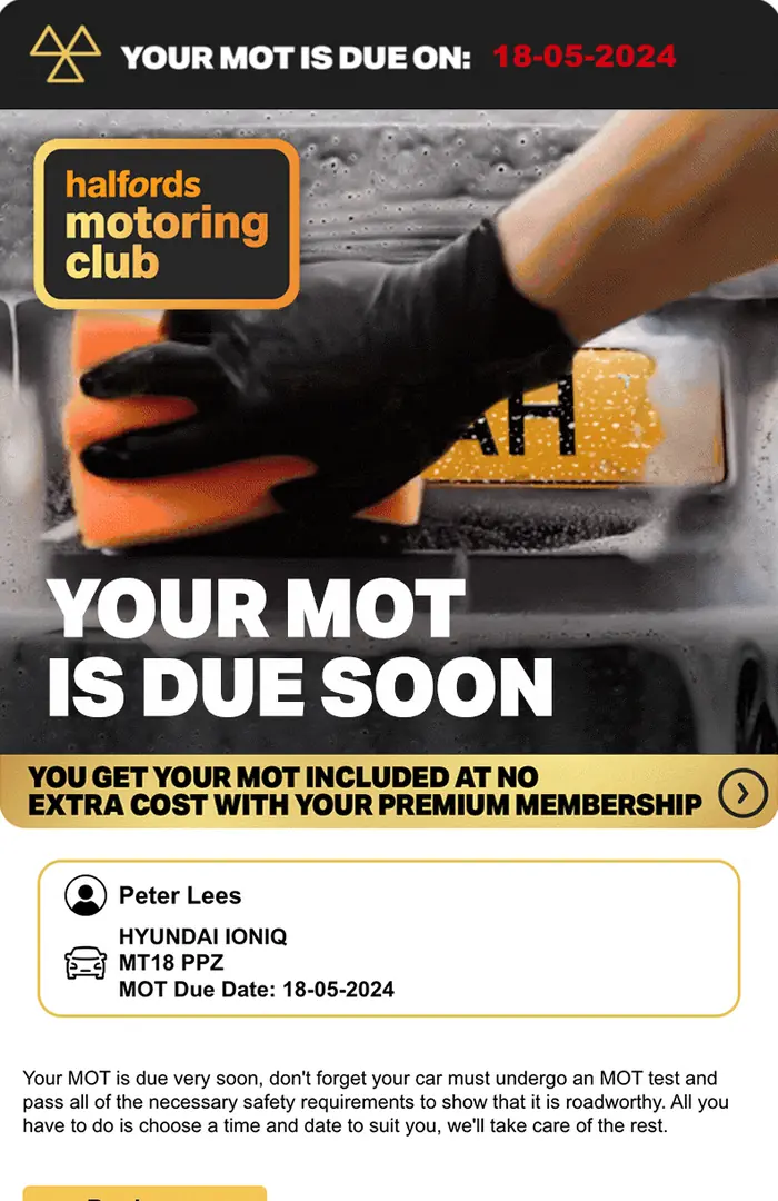 Personalised, animated Halfords Motoring Club MOT reminder: the customer's name on a number plate, with their car and MOT date