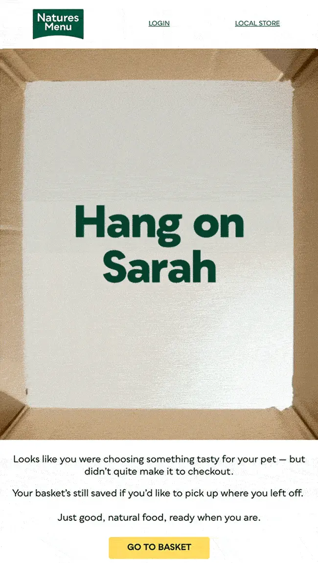 Personalised, animated Nature's Menu abandoned basket hero: Hang on Sarah, Max's waiting, as a golden retriever peers into the box