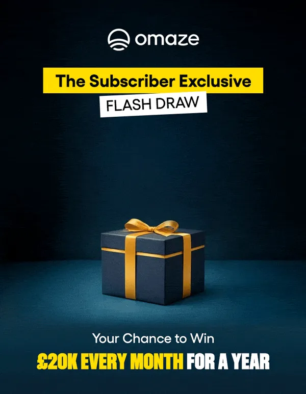 Personalised, animated Omaze flash draw hero: a gift box bursts open and the name Charlie appears in gold