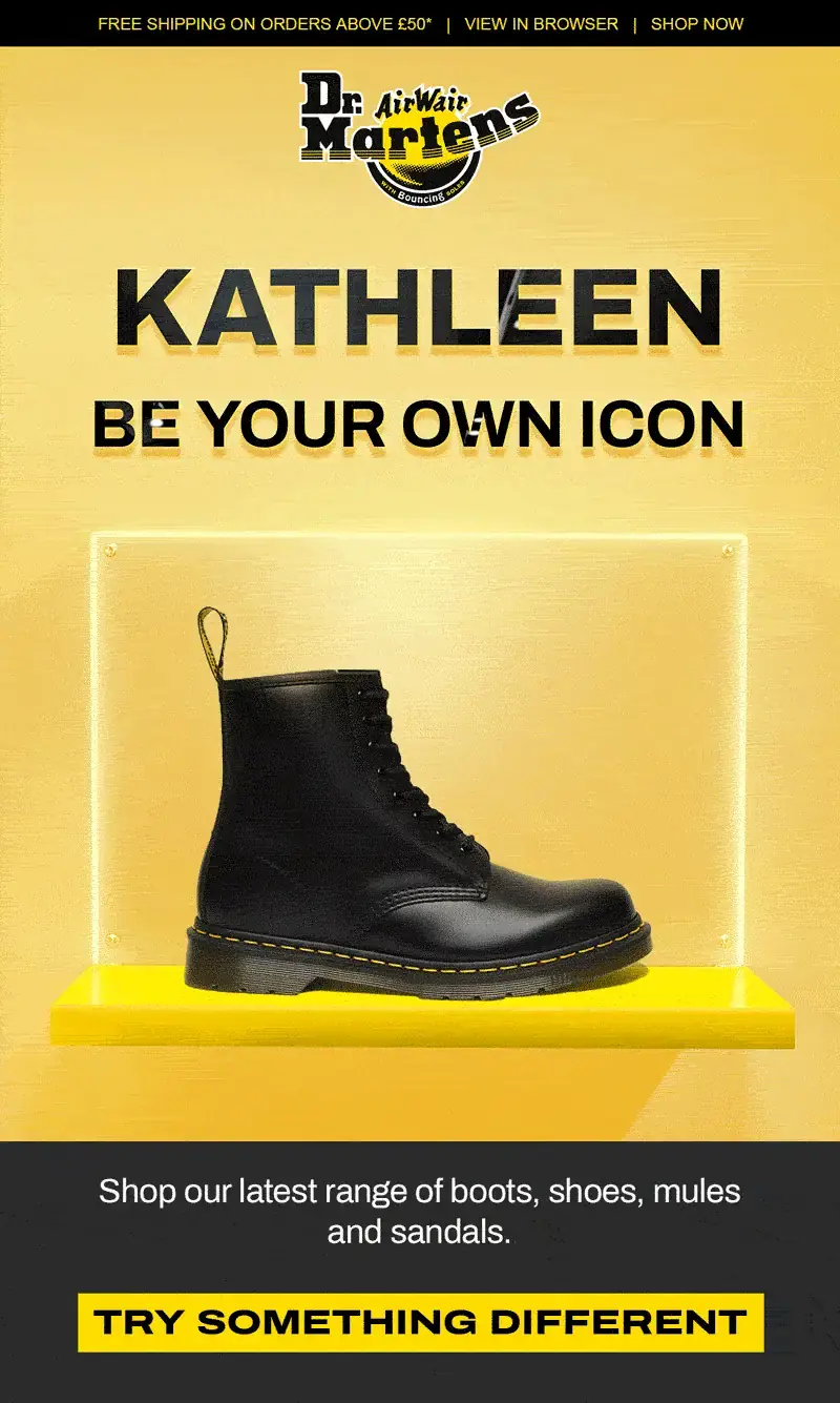 Personalised, animated Dr. Martens win-back hero: Kathleen, be your own icon, as the shoes in the display case change